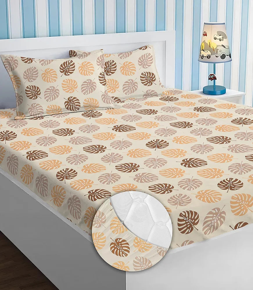 Premium Cotton Elastic Fitted Bedsheets with 2 King Size Pillow Covers Double Bed with All Around Elastic Supersoft Size - 72 x 78 +10 inches Leaf Print Beige and Brown 200 tc - 220 tc