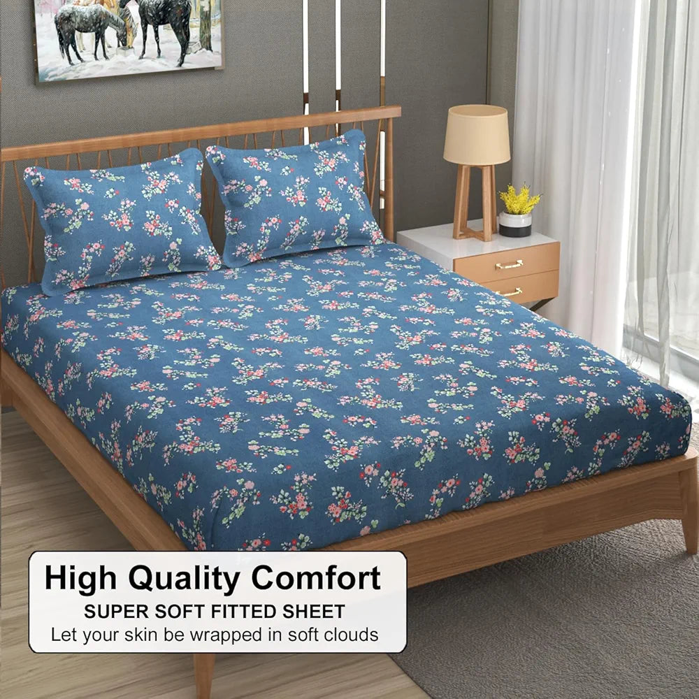 FRESH FROM LOOM Anti Fade Floral Print 240 TC Microfiber King Size Fitted Bedsheet with 2 Pillow Covers  | Greyish-Blue)
