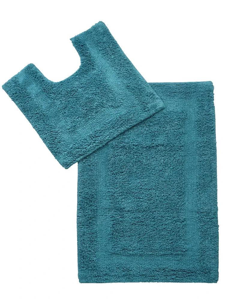 SASHAA WORLD Solid Anti-Skid Cotton Bathmat and Contour Set for Bathroom| Ultra Soft & Absorbent, Tufted Weave | Anti-Slip Latex Backing, Includes Contour Mat and Rectangle Mat | 50x80 cm Blue