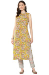 Janasya Women's Yellow Cotton Floral Printed Straight Kurta