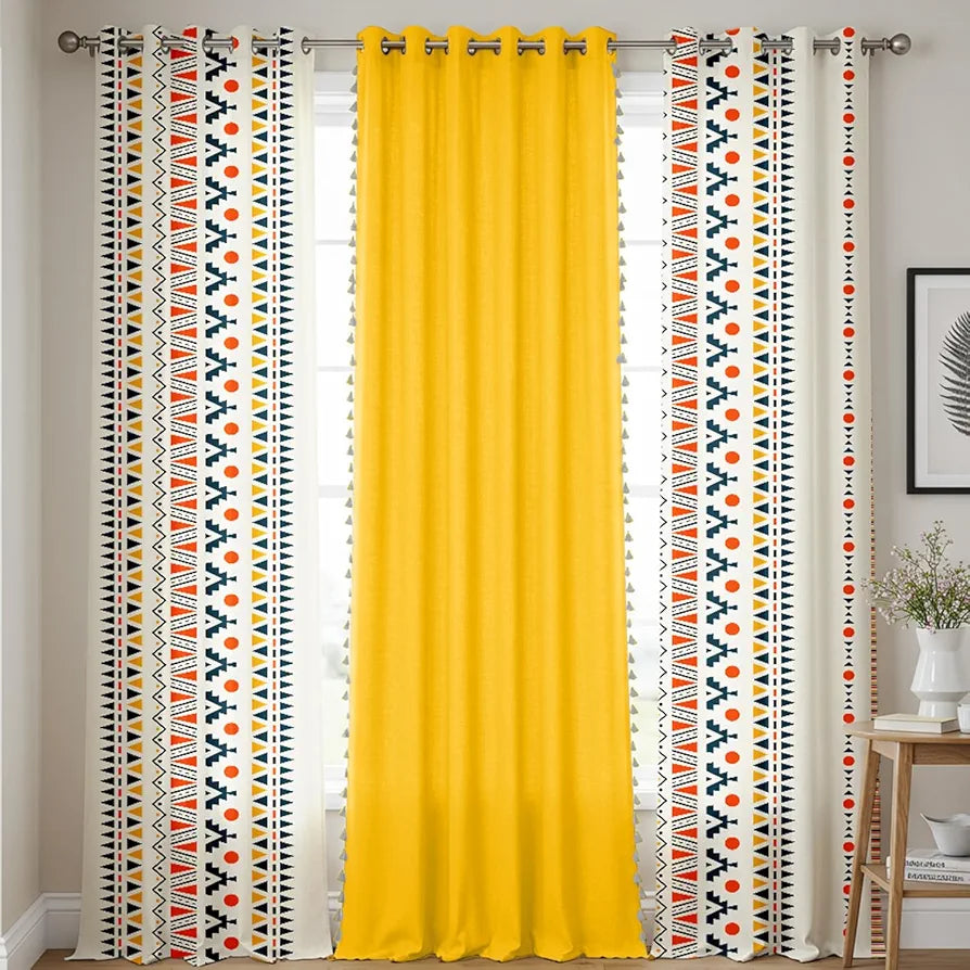 Urban Space Geometric 100% Cotton Curtains For Door, Set Of 3 Curtains 7 Feet Long, 60-65% Room Darkening Curtain, Tieback & Eyelets Included With Curtains For Home Decor 