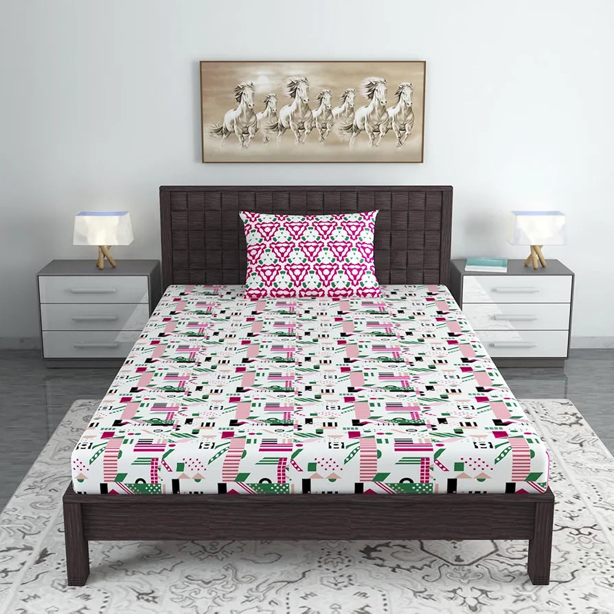 Divine Casa Bedsheet for Single Size Bed 144 TC Cotton Bedsheet for Single Size Bed with 1 Pillow Cover  Abstract Pink & White Cotton Bedsheet