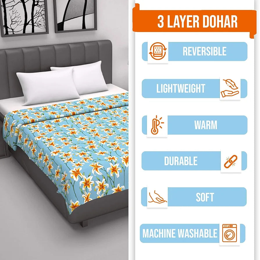 Divine Casa Floret 100% Cotton Double Dohar | 120 GSM | Soft & Lightweight Throw Blanket | Reversible Design | Cozy & Breathable Bedding | All-Season Comfort | 220 x 205 CM, Wildflower Charm