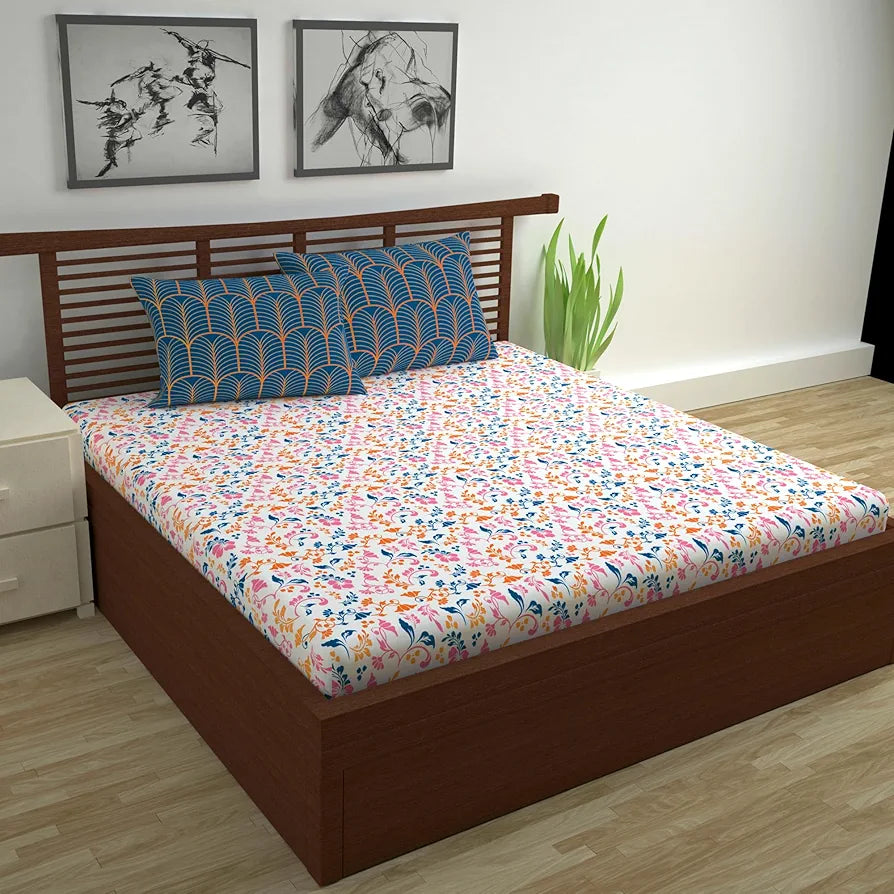 Divine Casa Double Size Bedsheet for Double Bed, 144 TC Pure Cotton Queen Size with 2 Pillow Covers | 222 by 254 cm | Floral | Peach Blue