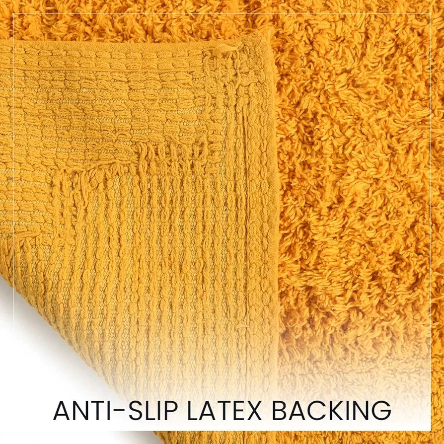 SASHAA WORLD Solid Anti-Skid Cotton Bathmat and Contour Set for Bathroom, Ultra Soft & Absorbent, Tufted Weave, Anti-Slip Latex Backing, Includes Contour & Rectangle Mat, 50X80cm, Yellow Pack of 2