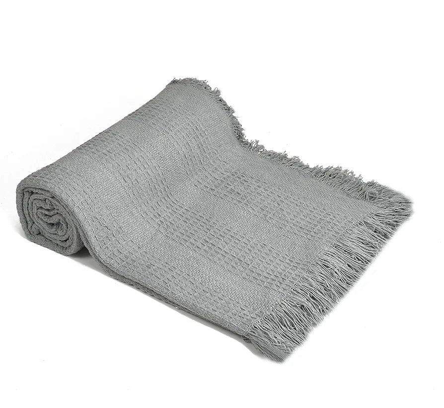 SASHAA WORLD Grey Cotton Throw for Sofa | Textured Woven Design | Soft, Lightweight & Breathable | Fringed Sofa Cover in Solid Grey | 100% Cotton bedcover, 200x200 cm