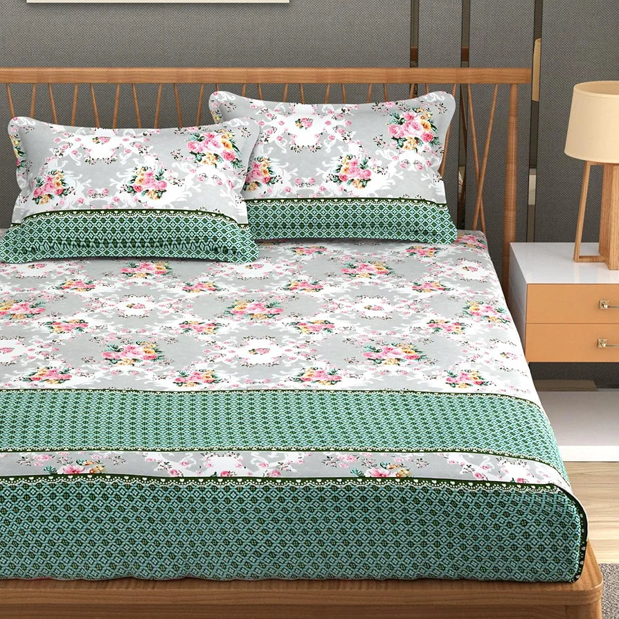 Homefab India 180 TC Microfiber Double BedSheet with 2 Pillow Covers -  -Green, Grey, Floral