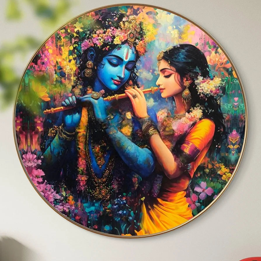 Livin'luxe paintings Radha Krishna Divine Love Wall Painting with Frame - Sparkle Glossy Round Golden Framed Large Painting for Office, Living Room, Bedroom, Home Wall Decoration