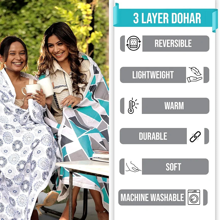 Divine Casa 100% Cotton 144 TC Reversible Geometric Printed Double Bed AC Dohar Blanket for Mild Winter | TC - 144