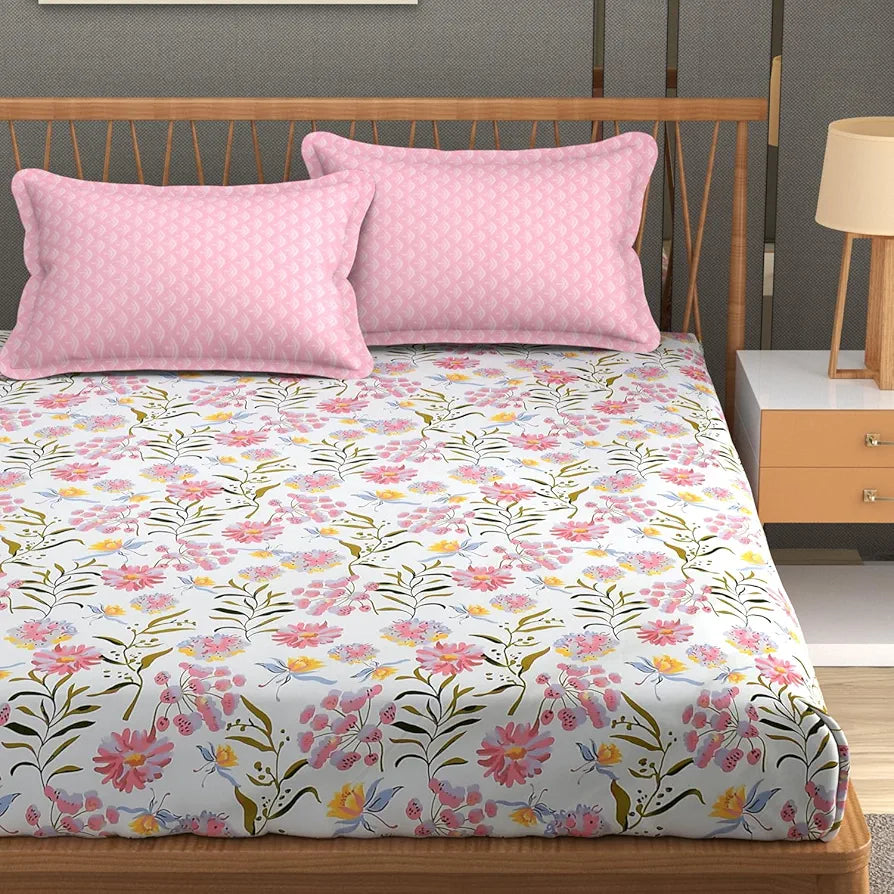 FRESH FROM LOOM Floral XXL Microfiber Soft Cotton Bedsheet | 240 TC King Size Bed Cover with 2 Pillow Cover | Hypoallergenic Bedsheet for Double Bed | Anti Fade Bedcover 