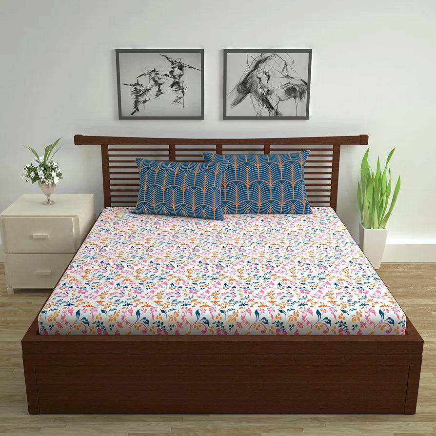 Divine Casa Double Size Bedsheet for Double Bed, 144 TC Pure Cotton Queen Size with 2 Pillow Covers | 222 by 254 cm | Floral | Peach Blue