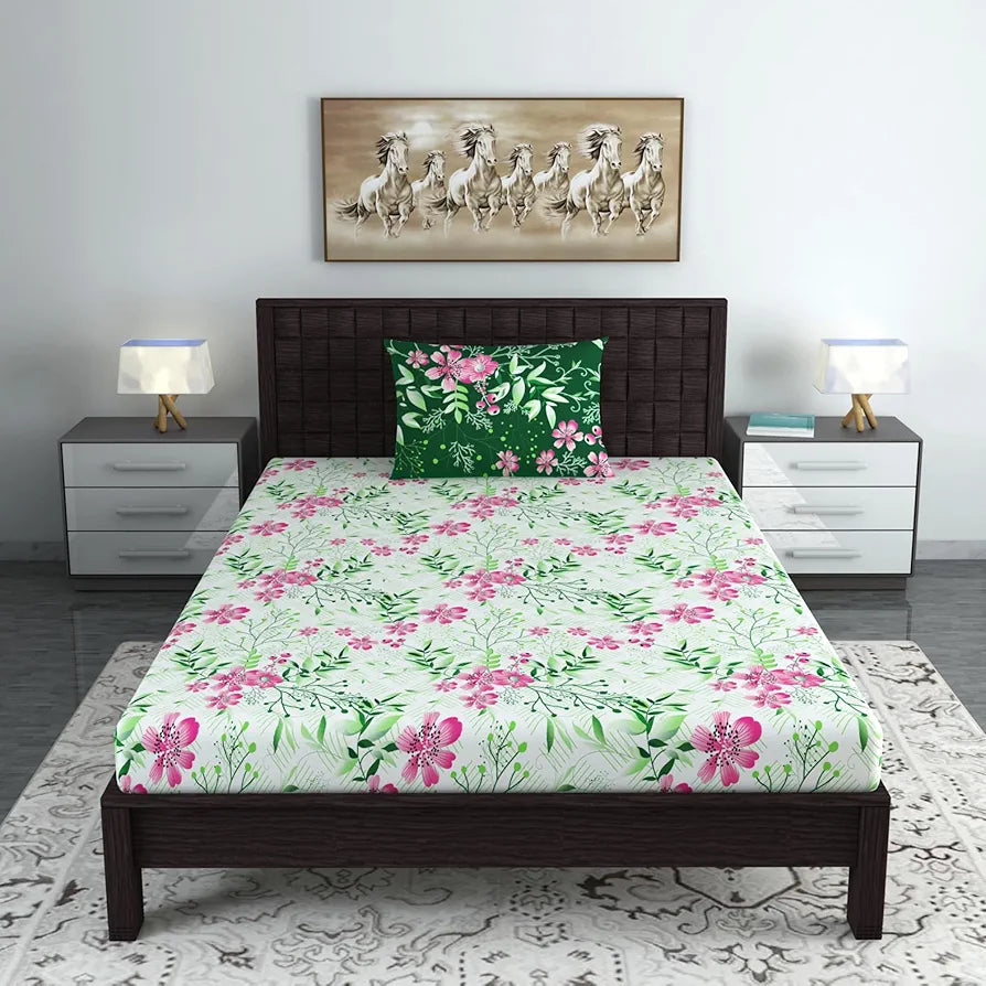 Divine Casa Bedsheet for Single Size Bed 144 TC Cotton Bedsheet for Single Size Bed with 1 Pillow Cover  Floral Mint Pink Cotton Bedsheet