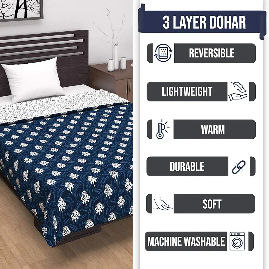 Divine Casa Printed Microfiber 120 GSM Reversible Dohar Blanket for Single Bed | Lightweight AC Blanket, Navy Blue & White, 140 x 210 cm