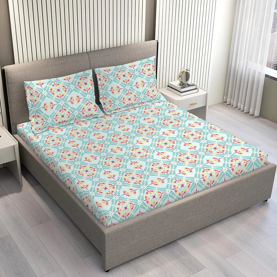 Layers Basicx 100% Cotton Bedsheet Set for All Seasons - Lightweight, Moisture Absorbent, Machine Washable & Easy to Care - Gift for Housewarming & More - 120 TC - Queen Size 