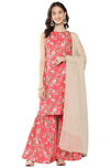 Janasya Women's Pink Moss Digital Floral Printed Kurta with Sharara and Dupatta