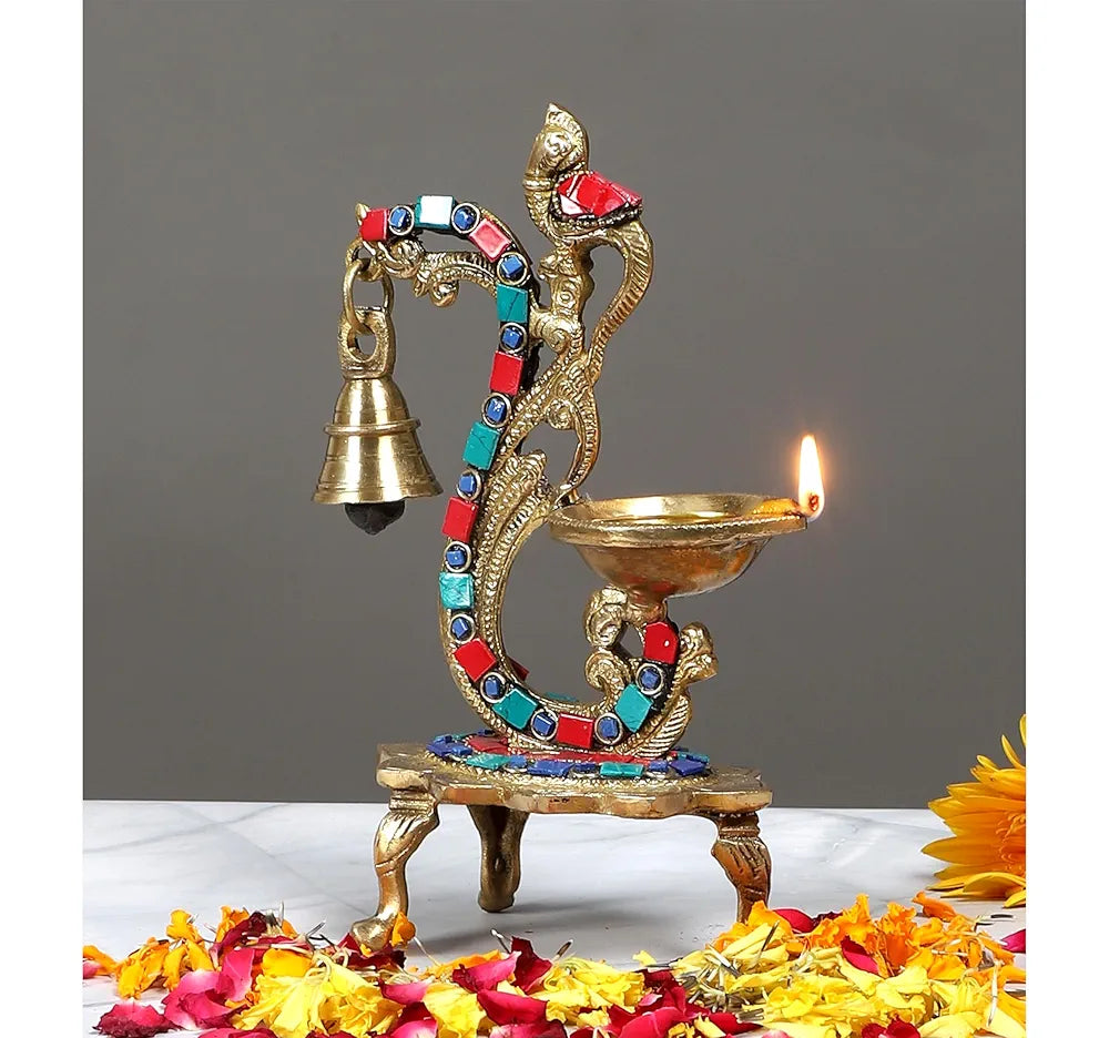 Two Moustaches Gemstone Work Ethnic Carved Peacock Design Brass Diya with Bell , Brass Antique Oil Lamp, Diyas for Home , Size - 8 Inches , Standard , Pack of 1