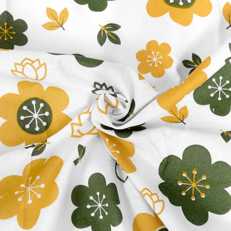 Divine Casa Double Size Bedsheet for Double Bed, 144 TC Pure Cotton Queen Size with 2 Pillow Covers | 222 by 254 cm | Floral | Mustard Green