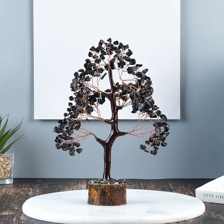 HindCraft Black Tourmaline Crystal Tree Good Luck Showpiece for Home Decor Items Crystals Gemstones Bonsai Money Tree for Good Luck, Decoration Gift Item, Copper Wire, 10-12 inch