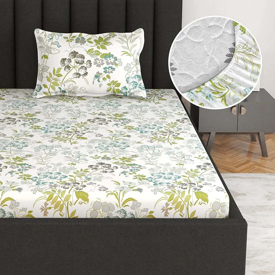 Divine Casa 100% Cotton Fitted Bedsheet Set for Single Bed | 1 Single Cotton Bedsheet & Pillow Cover | 144 TC Breathable & Wrinkle-Free Aesthetic Single Bedsheet Set - Floral