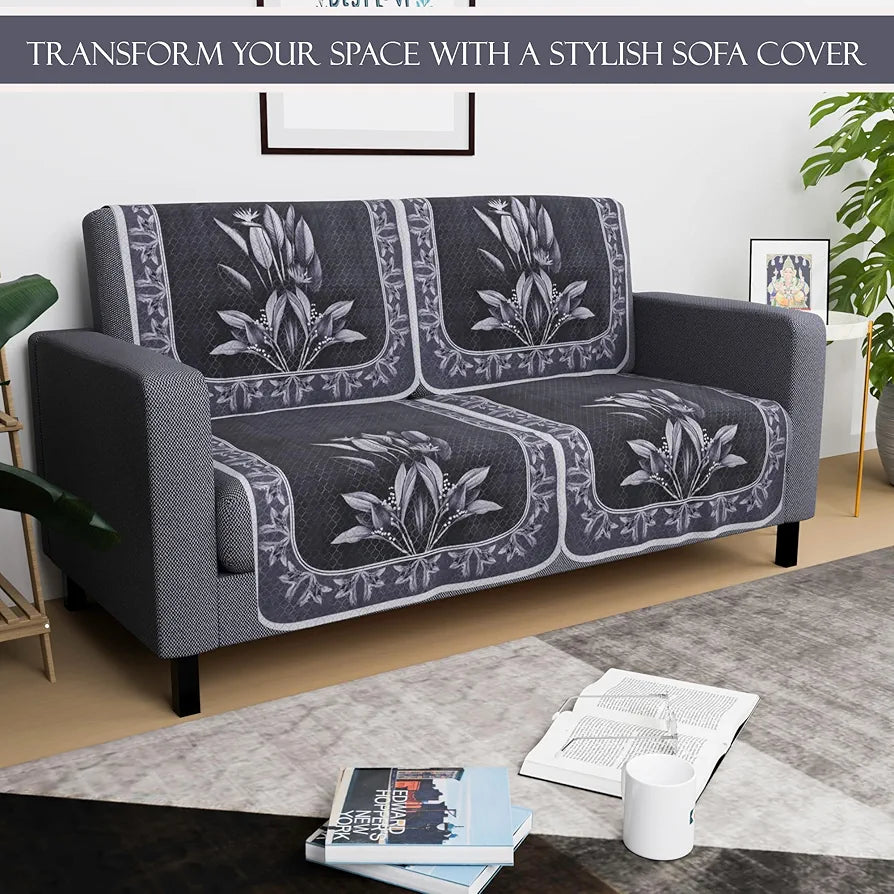 Kuber Industries Set of 4 Net Durable 2 Seater Sofa Covers for Living Room | Easy Machine Washable SOFE ke Cover for Protection & Comfort for Home | Leaf - Dark Grey & Lilac