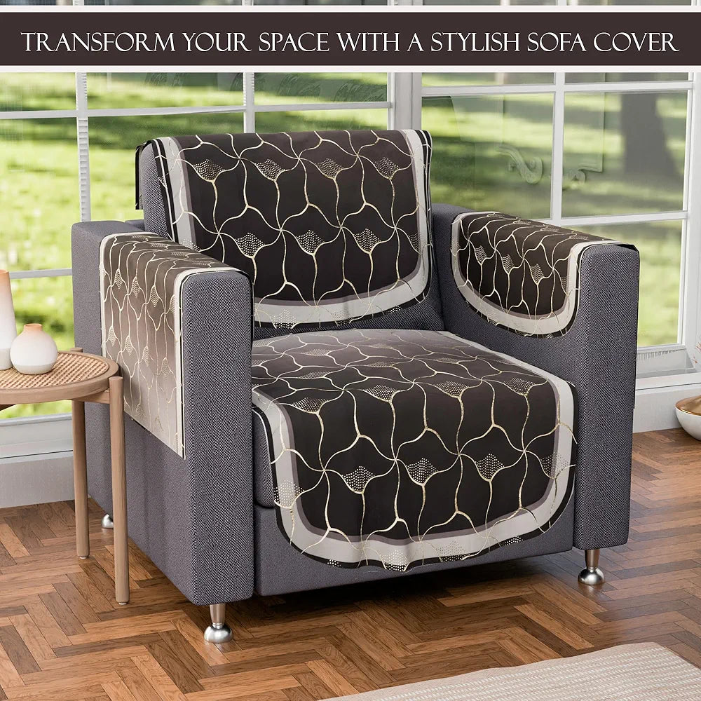 Kuber Industries Set of 16 Anti-Skid Sofa Cover 5-Seater with Arm Cover | Comfortable Slipcover Sofa Cloth & Furniture Protector for Home Decor | Arabica Look - Brown & Golden Foil