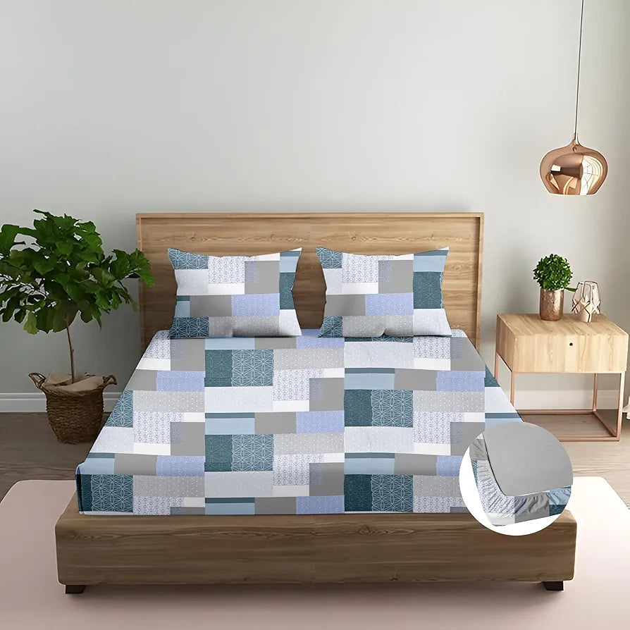 Trance Home Linen 100% Cotton 144TC Elastic Fitted Bedsheet | Printed Queen Bed Size Elasticated Fitted Bedspread with 2 Pillow Covers , 180 TC