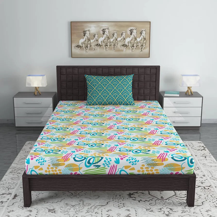 Divine Casa Bedsheet for Single Size Bed 144 TC Cotton Bedsheet for Single Size Bed with 1 Pillow Cover  Abstract Teal & Mustard Cotton Bedsheet