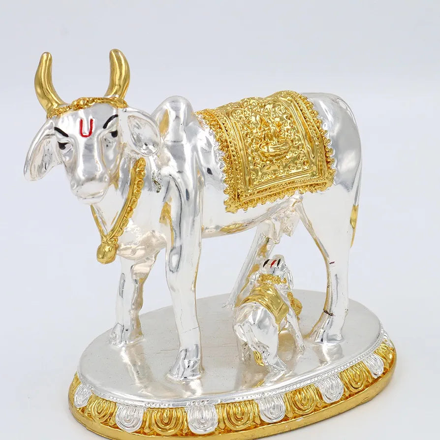 JAIPUR ACE Kamdhenu Cow with Calf Statue, Standard Size, Golden   