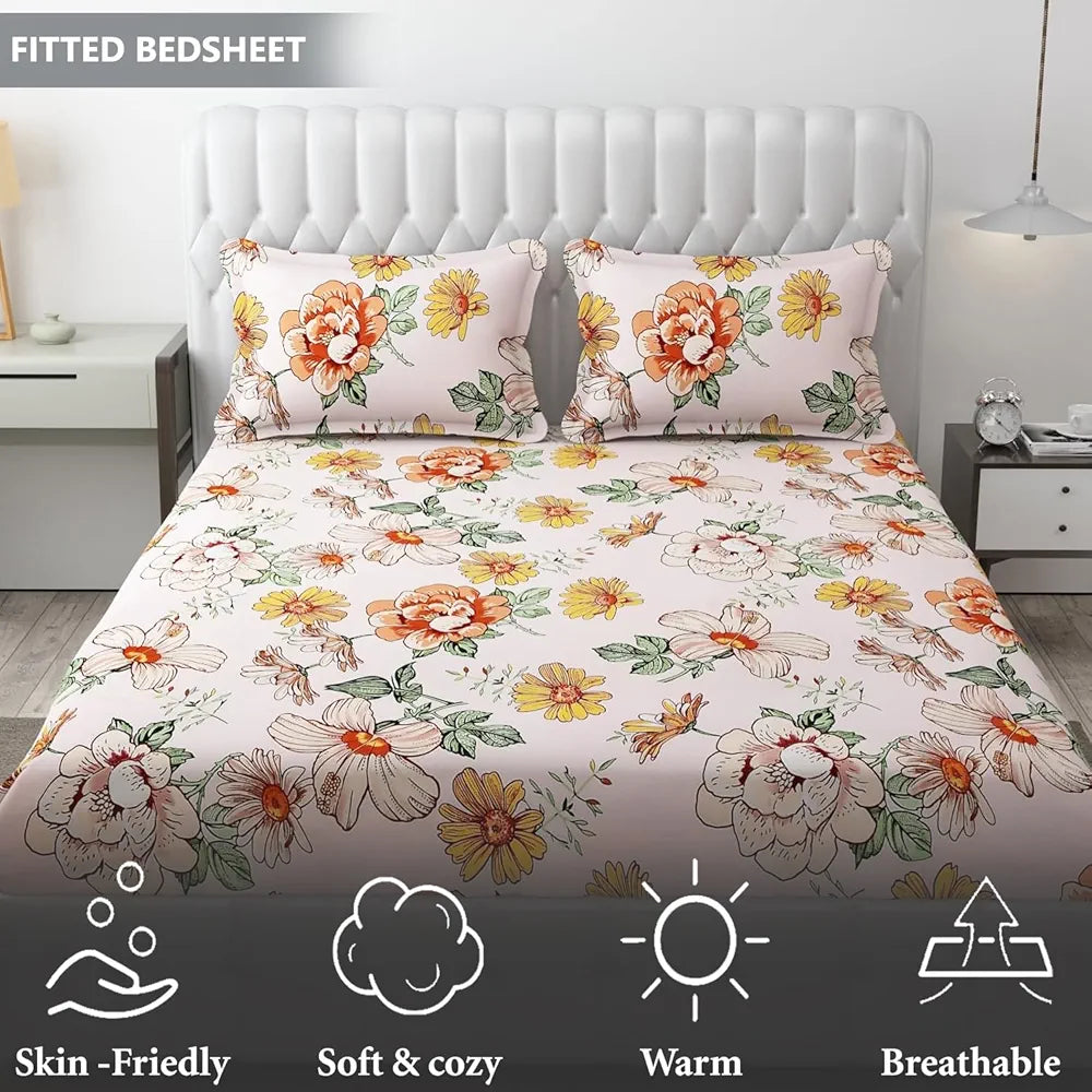 FRESH FROM LOOM Elastic Fitted Floral Bed Sheets | Bed Covers for Mattresses Tuck in | King Size Soft Glace Cotton Fitted Bedsheet with Two Pillow Cover | , 144 TC