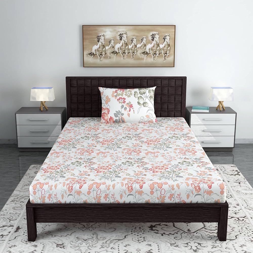 Divine Casa 144 TC 100% Cotton Bedsheet for Single Bed with 1 Pillow Cover 