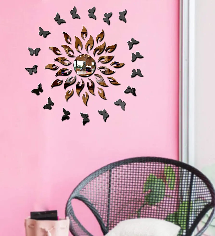 Bikri Kendra Sun with Butterfly Acrylic Mirror Wall Stickers , Set of 45