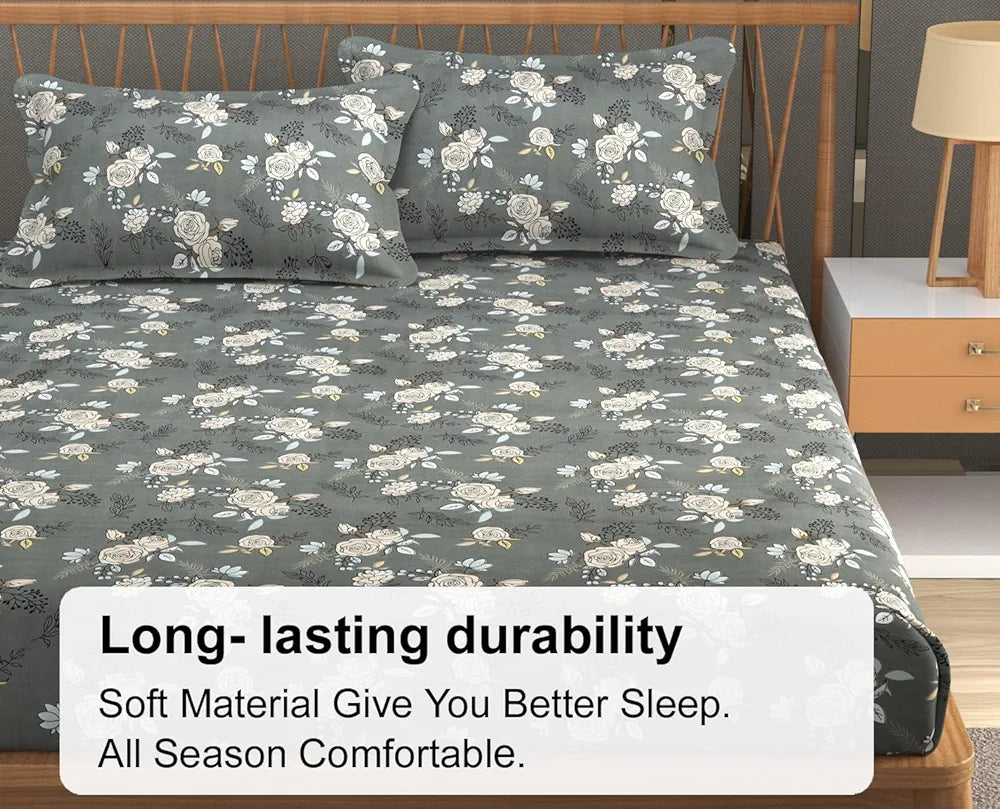 FRESH FROM LOOM King Size Microfiber Fitted Bedsheet Set with Floral Print - 240 TC, Anti Fade, 2 Pillow Covers  | Rose-Oslo-Grey)