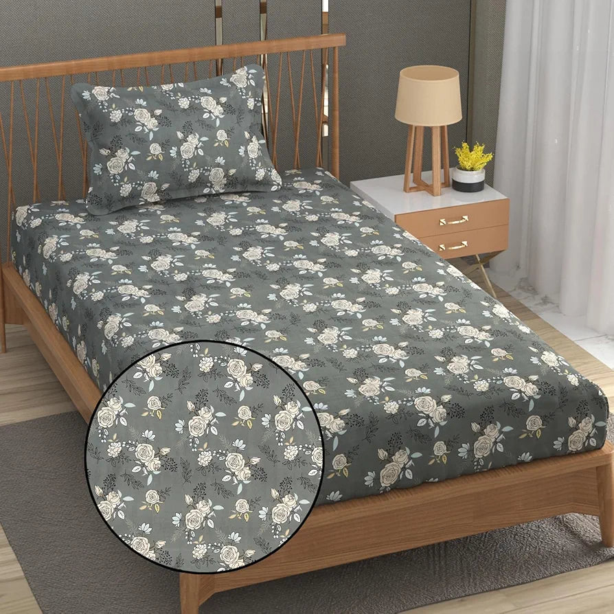 FRESH FROM LOOM Single Bed Microfiber Bedsheet with Floral Print - 240 TC, Anti Fade, 1 Pillow Covers 