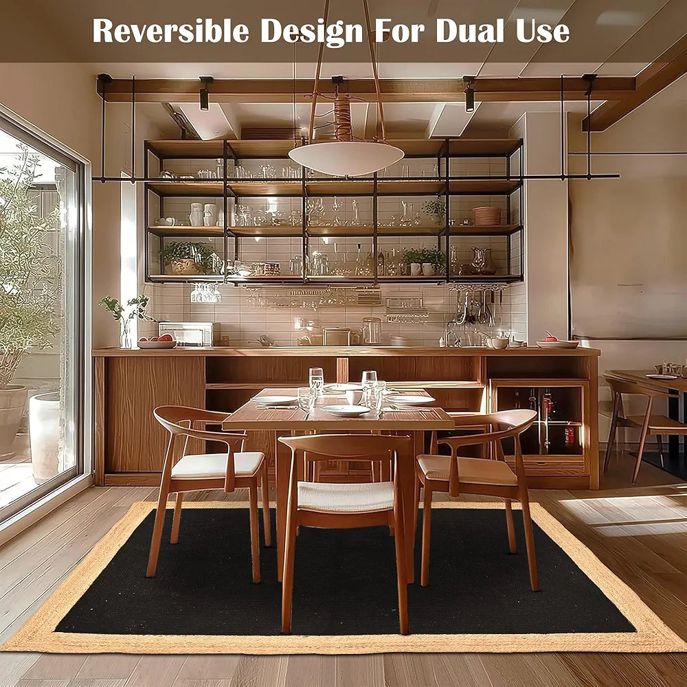 Kuber Industries 5x7 Feet Reversible Carpets for Living Room | Machine Washable Bedside Floor Rugs Mat for Bedroom, Balcony & Drawing Room | Border - Black & Beige
