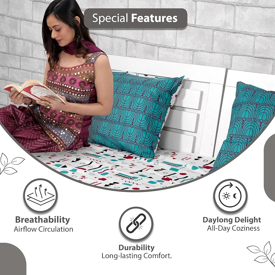 Divine Casa - 144 TC Super Soft Cotton Bedsheet for Double Bed  144 Thread Count - Abstract, Red, Teal & White| 222 x 254 cm