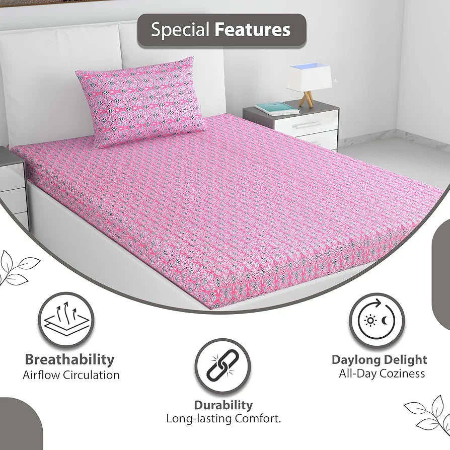 Divine Casa 144 TC 100% Pure Cotton Single Bedsheet with 1 Pillow Cover | Soft & Skin-Friendly Fabric for Everyday Comfort | All-Season Use | Size 223 X 145 CM | Geometric Petal Print | Pink Fuchsia