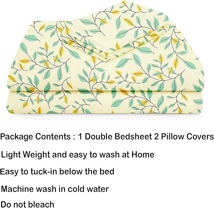HOMEKART Premium Cotton Elastic Fitted Bedsheets with 2 King Size Pillow Covers Double Bed with All Around Elastic Supersoft Size - 72 x 78 +10 inches Flower Print Off White and Green 200 tc - 220 tc