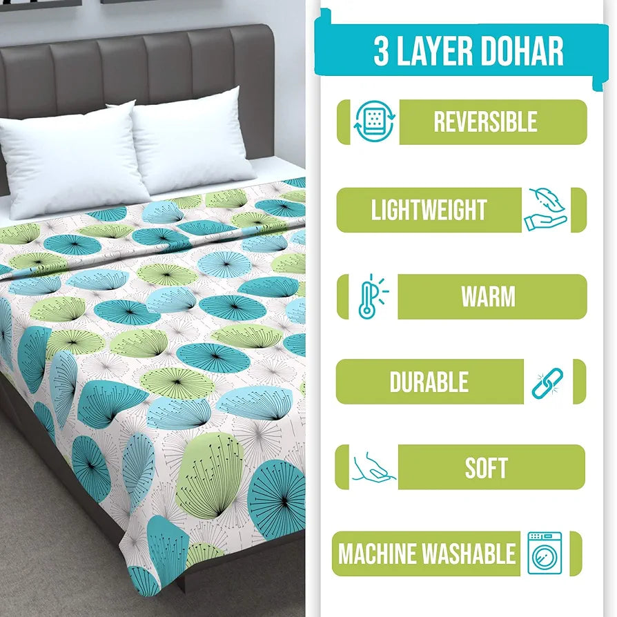 Divine Casa Floret 100% Cotton Double Dohar | 120 GSM | Soft & Lightweight Throw Blanket | Reversible Design | Cozy & Breathable Bedding | All-Season Comfort | 220 x 205 CM, Aqua
