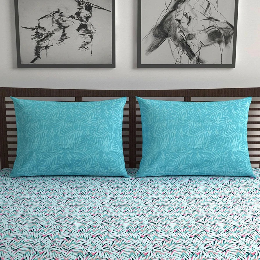 Divine Casa 144 TC 100% Cotton Double Bedsheet with 2 Pillow Covers | Soft, Durable & Skin-Friendly Fabric for All-Season Use | 254 x 222 CM | Tropical Leaf | Light Blue Pink | Bedroom Decor Upgrade
