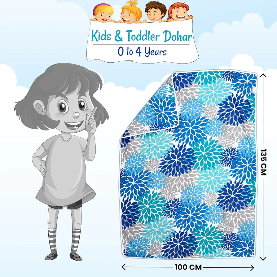 Divine Casa Floret 100% Cotton Single Kids Dohar | 120 GSM | Soft & Lightweight Throw Blanket | Cozy & Breathable Bedding | All-Season Comfort | 140 x 100 CM, Blue Aqua