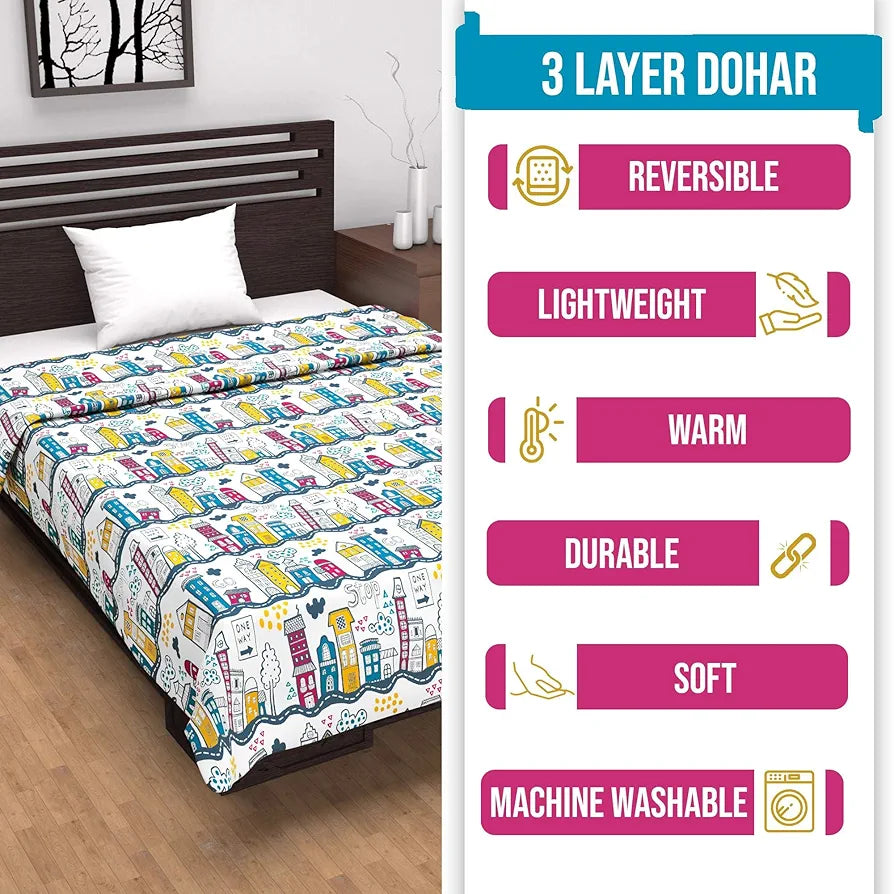 Divine Casa Pure Cotton Printed Single Dohar | 120 GSM | Soft & Lightweight Throw Blanket | Cozy & Breathable Bedding | All-Season Comfort | 210 x 140 CM, Heaven White