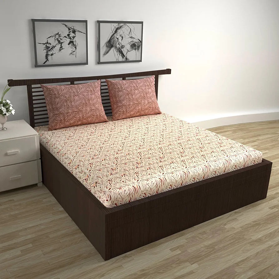 Divine Casa 144 TC 100% Cotton Double Bedsheet with 2 Pillow Covers | Soft, Durable & Skin-Friendly Fabric for All-Season Use | 254 x 222 CM | Tropical Leaf | Cream Brown | Bedroom Decor Upgrade