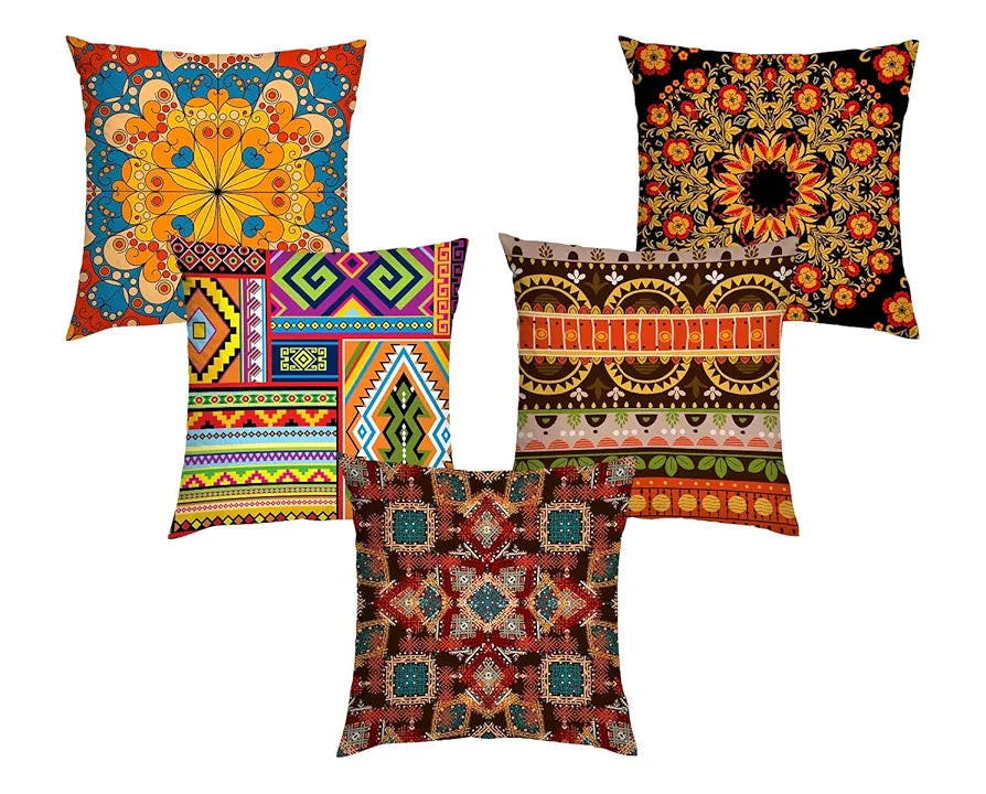 AEROHAVEN Jute 150 TC Cushion Cover, 16 x 16 Inch, Multicolour, 5 Pieces