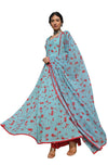Janasya Women's Sea Green Georgette Floral Print Kurta with Flared Palazzo and Dupatta