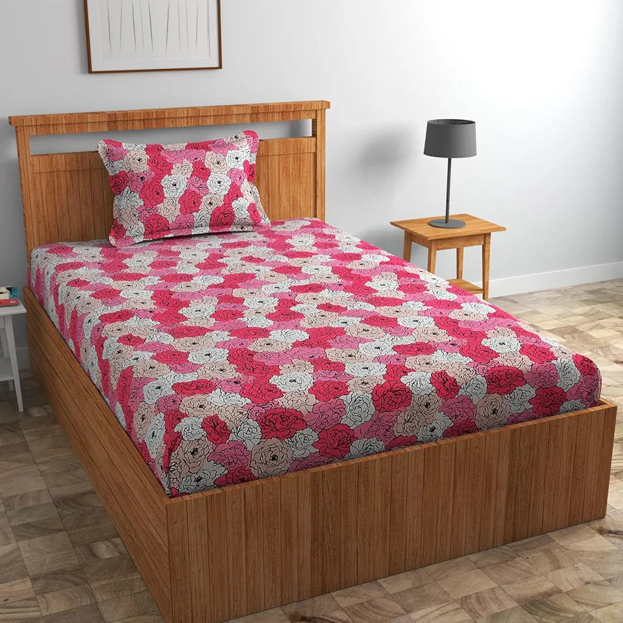 Homefab India 160 TC Glace Cotton Single BedSheet with 1 Pillow Cover -  - Pink, Floral