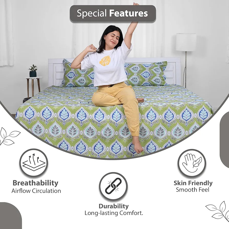 Divine Casa Bedsheet for Single Size Bed 144 TC Cotton Bedsheet for Single Size Bed with 1 Pillow Cover  Floral Palm Green Cotton Bedsheet