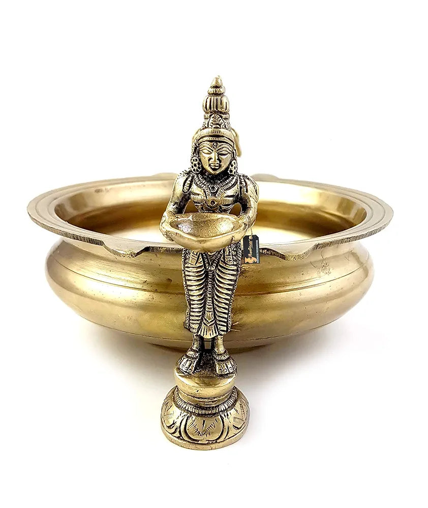 Two Moustaches Deep Laksmi Design Brass Traditional Urli Bowl Decor Showpiece, Golden, Standard