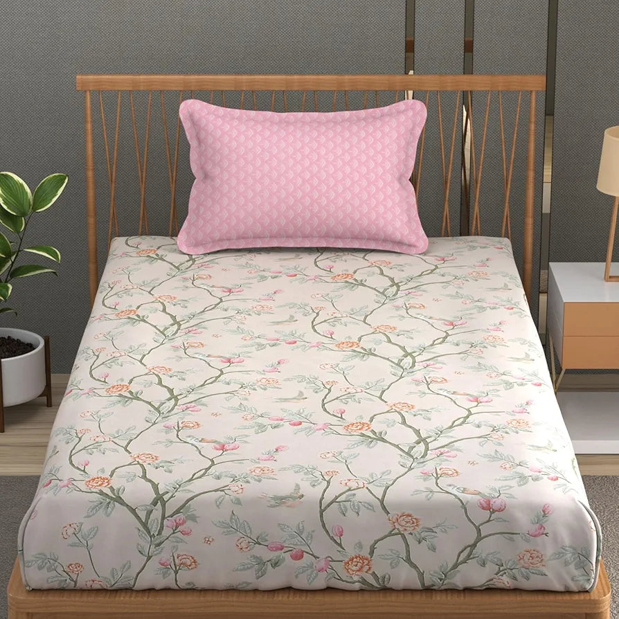 FRESH FROM LOOM Microfiber Soft Cotton Bedsheet |200 TC Single Bed Bedsheet with 1 Pillow Cover | Hypoallergenic Bedsheet for Single Bed | Anti Fade Printed Bedcover 