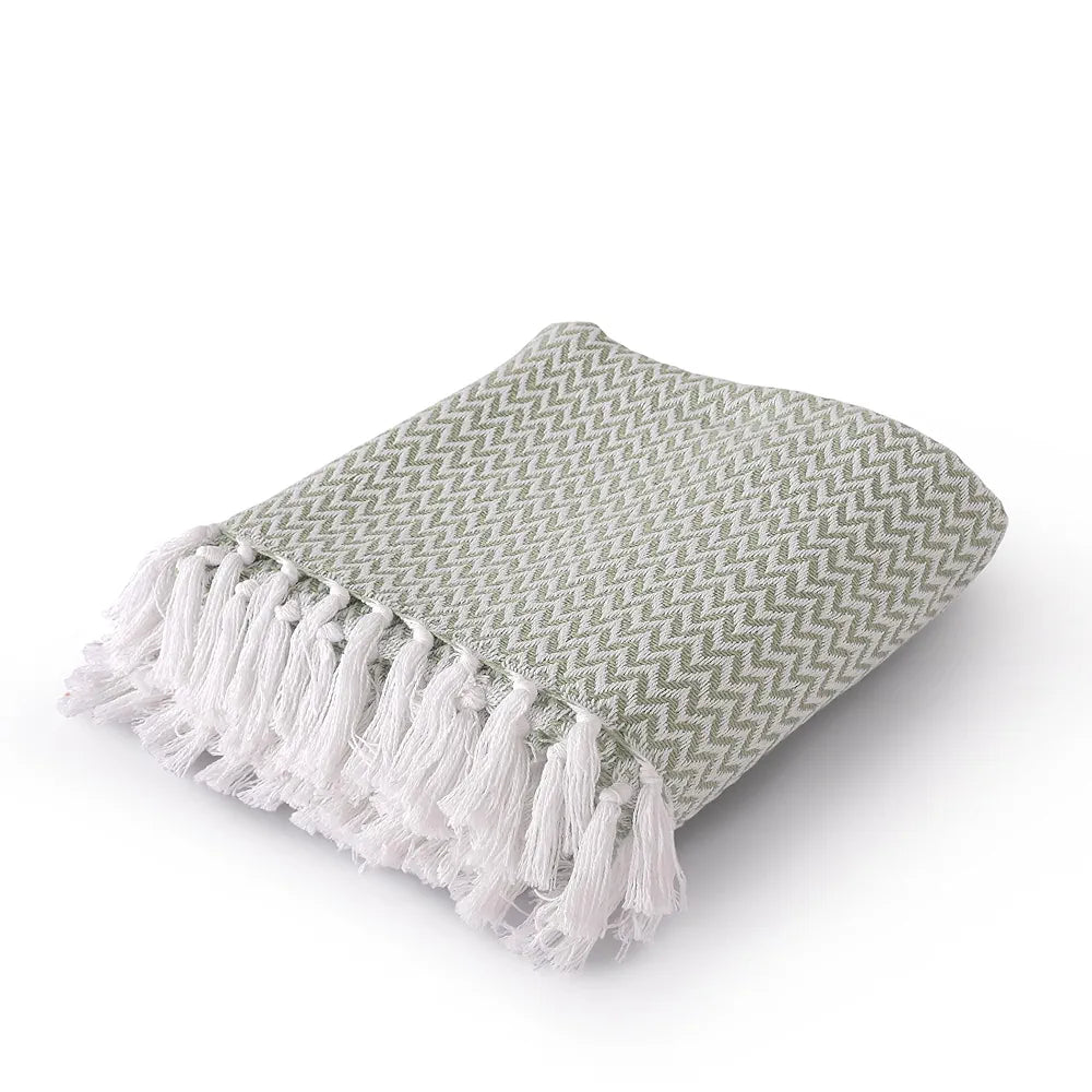 SASHAA WORLD Chevron Delight | Green Ivory Versatile Cotton Throw Blanket | Ideal for Living Room, Sofa, Bed and Chair | 180X130 Cm