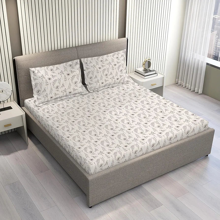 Layers Lumina Floret 100% Cotton Bedsheet Set for All Seasons - Lightweight, Moisture Absorbent, Machine Washable & Easy to Care - 144 TC - Queen Size 